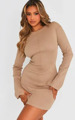 Taupe Ribbed Exposed Seam Long Sleeve Bodycon Dress