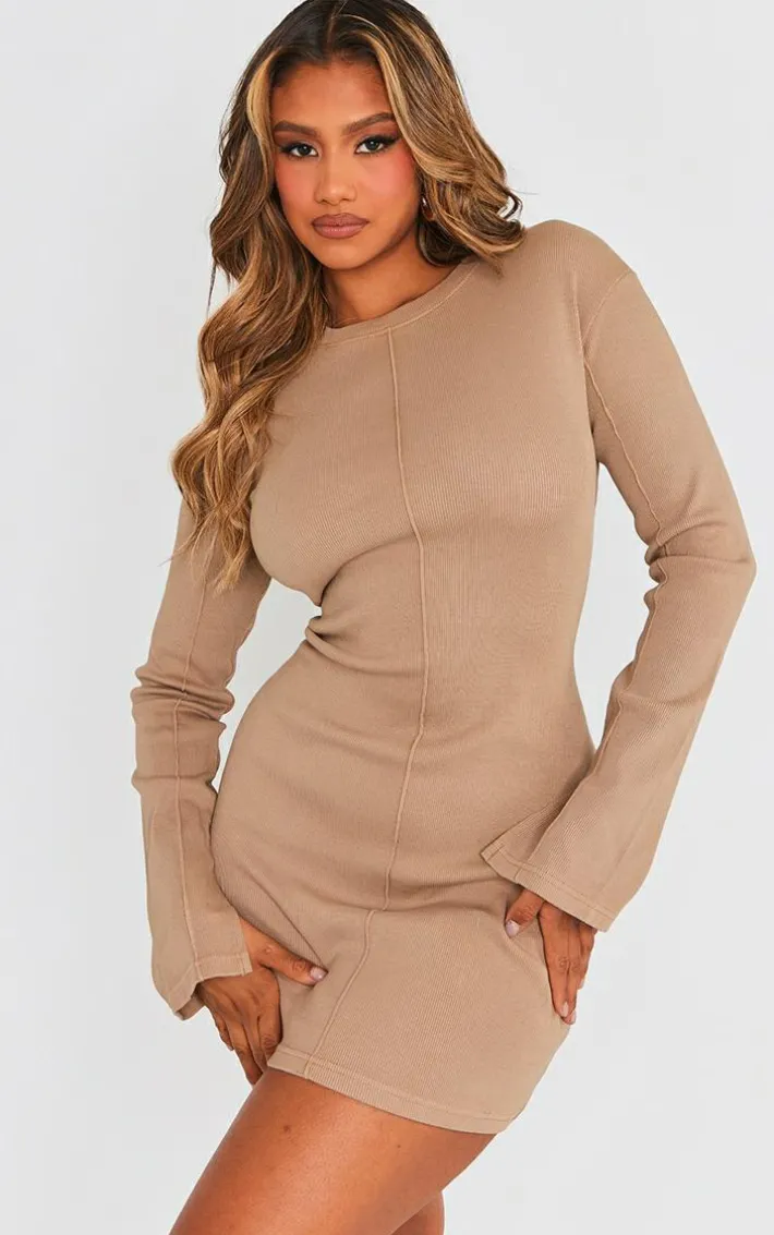 Taupe Ribbed Exposed Seam Long Sleeve Bodycon Dress