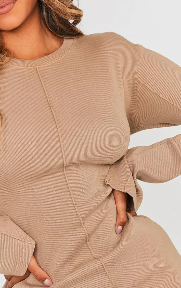 Taupe Ribbed Exposed Seam Long Sleeve Bodycon Dress