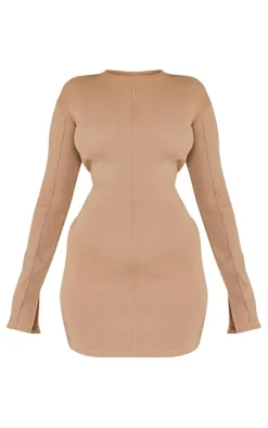 Taupe Ribbed Exposed Seam Long Sleeve Bodycon Dress