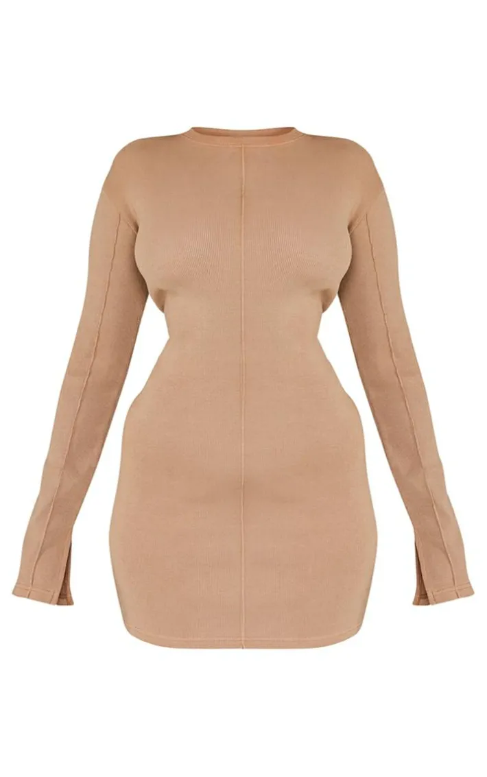 Taupe Ribbed Exposed Seam Long Sleeve Bodycon Dress