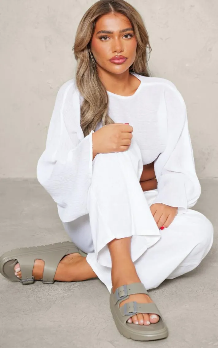 Taupe Rubberised Round Toe Buckle Flat Slider Sandals