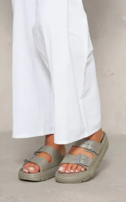 Taupe Rubberised Round Toe Buckle Flat Slider Sandals