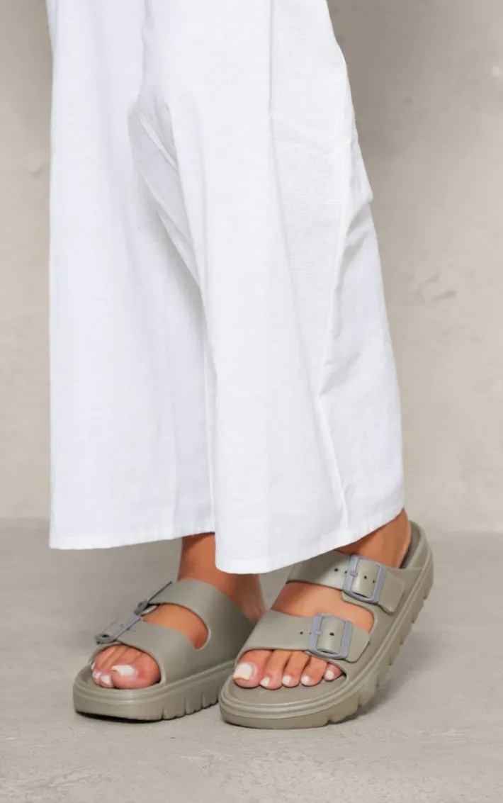 Taupe Rubberised Round Toe Buckle Flat Slider Sandals