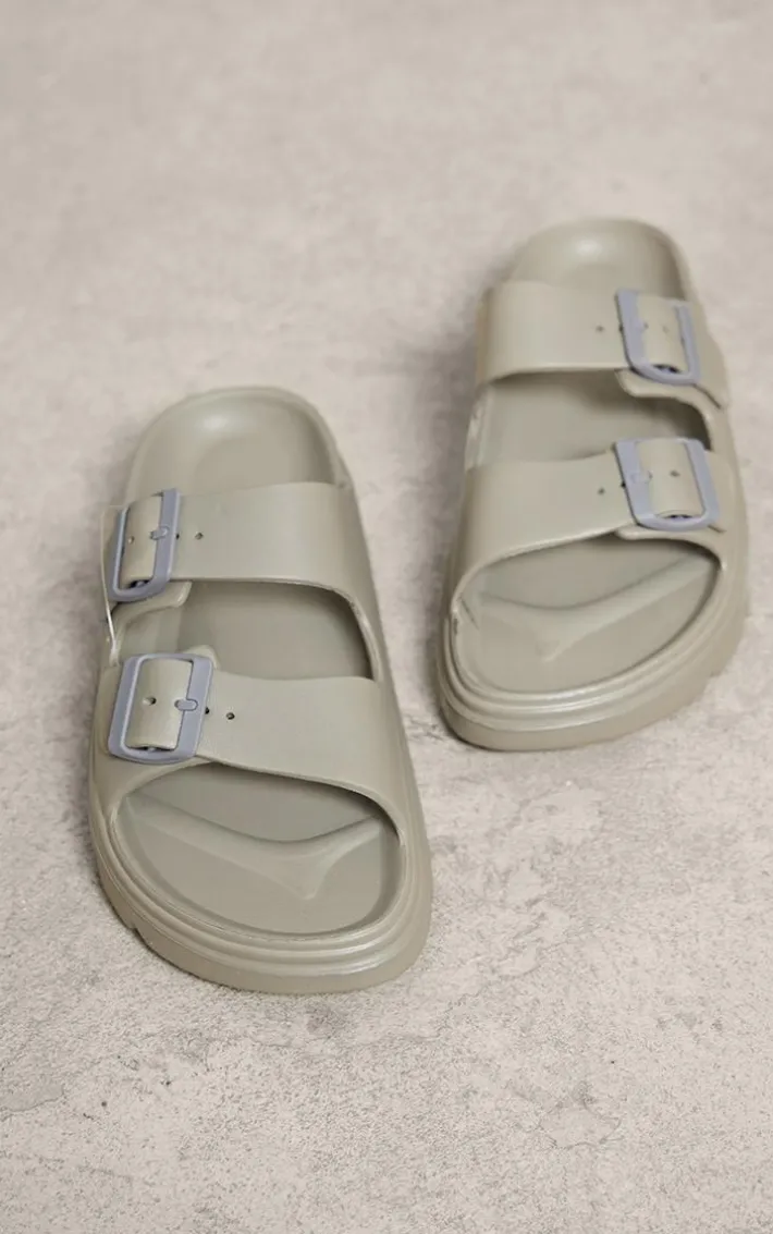 Taupe Rubberised Round Toe Buckle Flat Slider Sandals