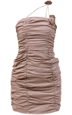 Taupe Ruched Floral Strap Linen Look Bodycon Dress