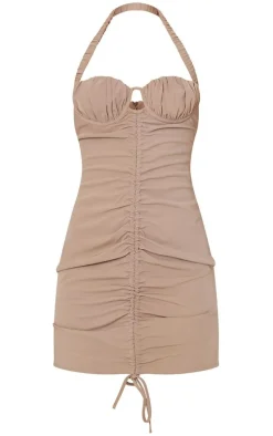 Taupe Ruched Front Halterneck Bodycon Dress