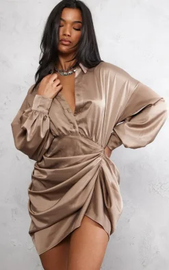 Taupe Satin Drape Skirt Oversized Sleeve Shirt Dress