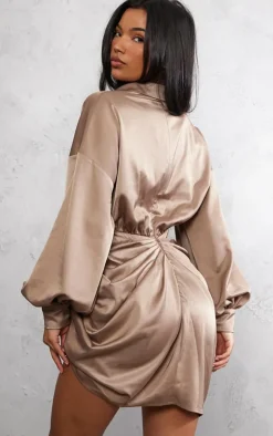 Taupe Satin Drape Skirt Oversized Sleeve Shirt Dress