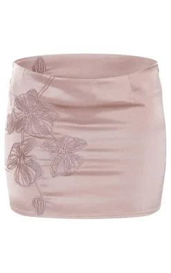 Taupe Satin Floral Embroidered Low Rise Mini Skirt