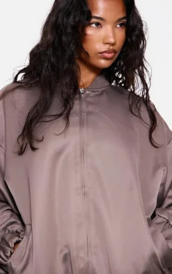 Taupe Satin Look Oversized Bomber Jacket