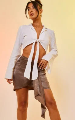 Taupe Satin Wrap Tie Detail Mini Skirt