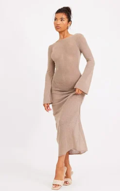 Taupe Scoop Back Filagree Knit Maxi Dress