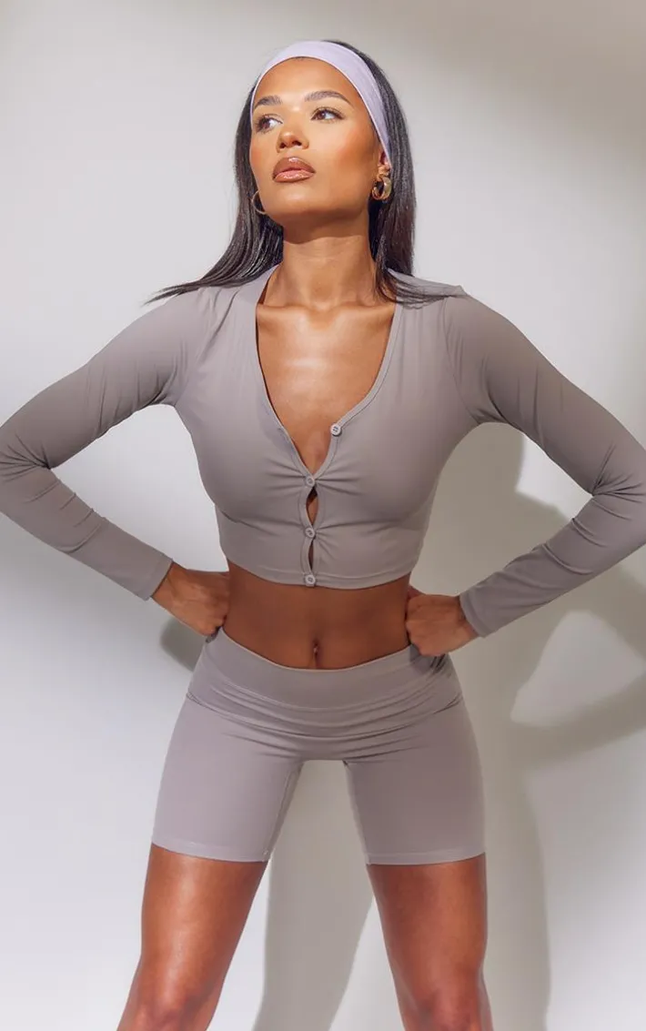Taupe Sculpt Button Front Yoga Top