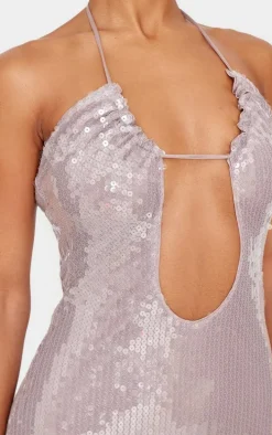 Taupe Sequin Tie Neck Cut Out Maxi Dress