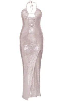 Taupe Sequin Tie Neck Cut Out Maxi Dress