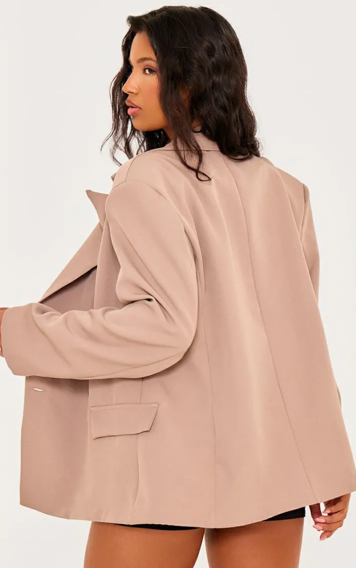 Taupe Side Button Single Breasted Boxy Blazer