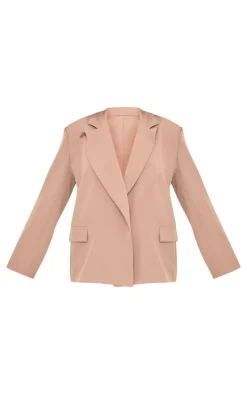 Taupe Side Button Single Breasted Boxy Blazer