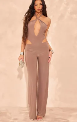 Taupe Slinky Mid Rise Straight Leg Pants