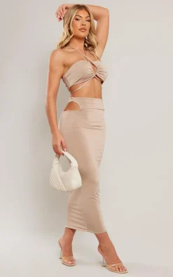 Taupe Slinky Multi Cut Out Cross Neck Midaxi Dress