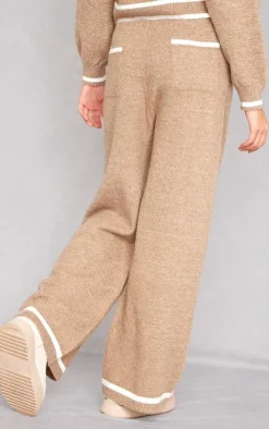 Taupe Soft Knit Contrast Stripe Detail Wide Leg Pants