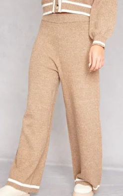 Taupe Soft Knit Contrast Stripe Detail Wide Leg Pants