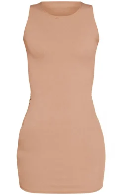 Taupe Soft Rib Cut Out Tie Back Bodycon Dress