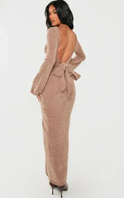 Taupe Soft Textured Knit Open Back Tie Waist Maxi Dress
