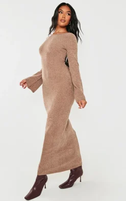 Taupe Soft Textured Knit Open Back Tie Waist Maxi Dress