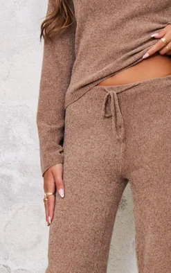 Taupe Soft Textured Knit Drawstring Wide Leg Pants