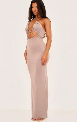 Taupe Soft Touch Halter Neck Cut Out Maxi Dress