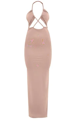 Taupe Soft Touch Halter Neck Cut Out Maxi Dress