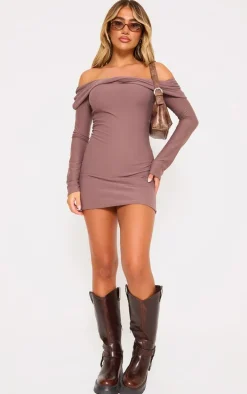 Taupe Soft Touch Twist Bardot Bodycon Dress