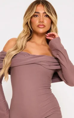 Taupe Soft Touch Twist Bardot Bodycon Dress