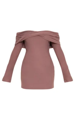 Taupe Soft Touch Twist Bardot Bodycon Dress