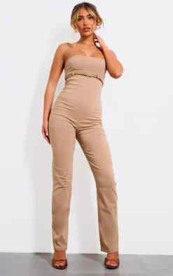 Taupe Stretch Woven Belted Bandeau Jumpsuit