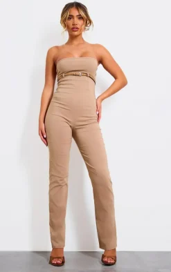 Taupe Stretch Woven Belted Bandeau Jumpsuit