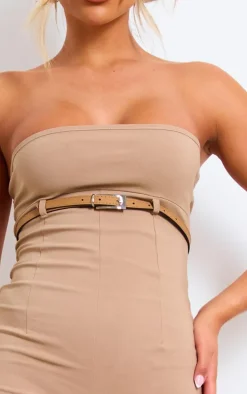 Taupe Stretch Woven Belted Bandeau Jumpsuit