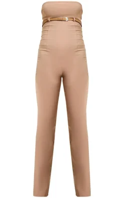 Taupe Stretch Woven Belted Bandeau Jumpsuit