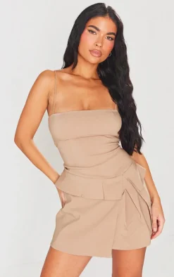 Taupe Stretch Woven Pleated Strappy Shift Dress