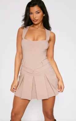 Taupe Stretch Woven Pleated Square Neck Shift Dress