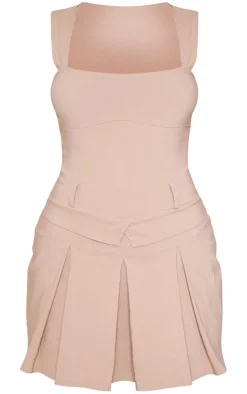 Taupe Stretch Woven Pleated Square Neck Shift Dress