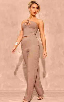 Taupe Stretch Woven Seam Detail Straight Leg Pants