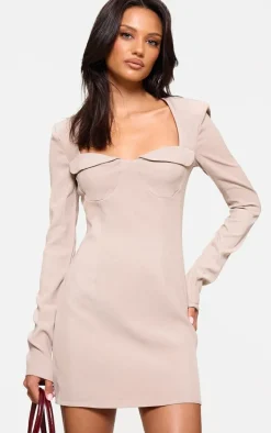 Taupe Stretch Woven Shoulder Pad Cup Detail Mini Dress