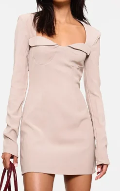 Taupe Stretch Woven Shoulder Pad Cup Detail Mini Dress