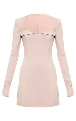 Taupe Stretch Woven Shoulder Pad Cup Detail Mini Dress