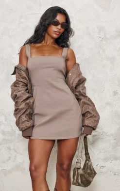 Taupe Stretch Woven Square Neck Sleeveless Bodycon Dress