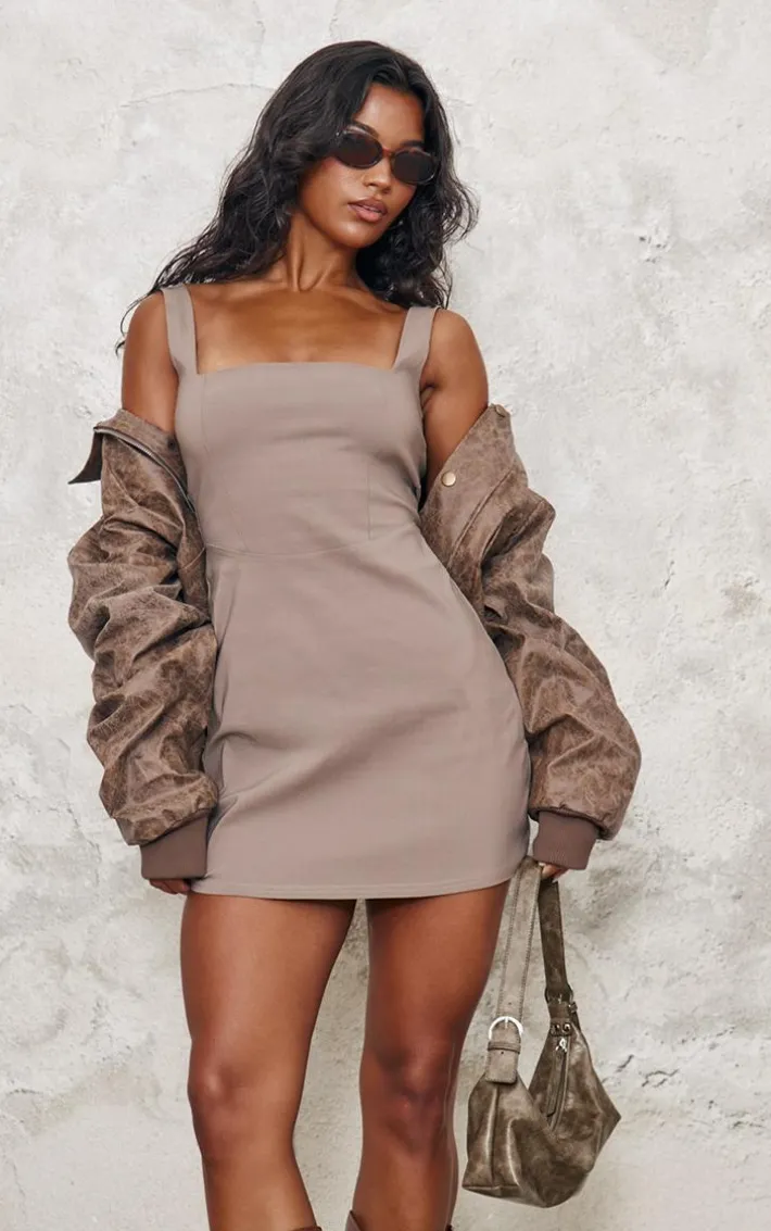 Taupe Stretch Woven Square Neck Sleeveless Bodycon Dress