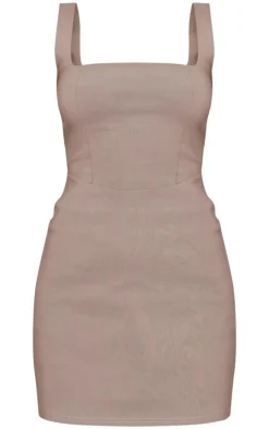 Taupe Stretch Woven Square Neck Sleeveless Bodycon Dress