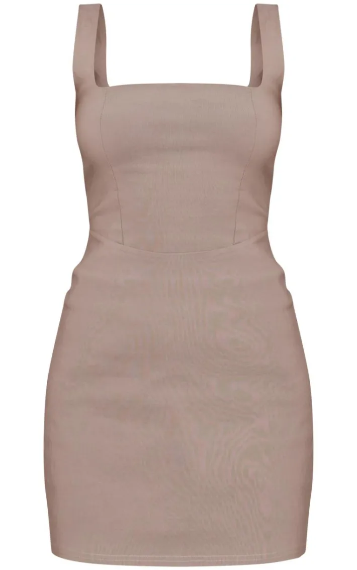 Taupe Stretch Woven Square Neck Sleeveless Bodycon Dress